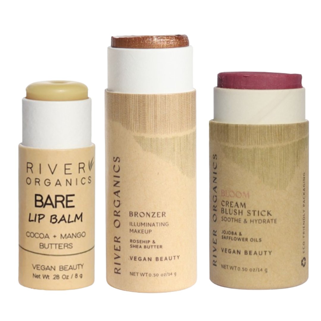 Three River Organics makeup products on a white background