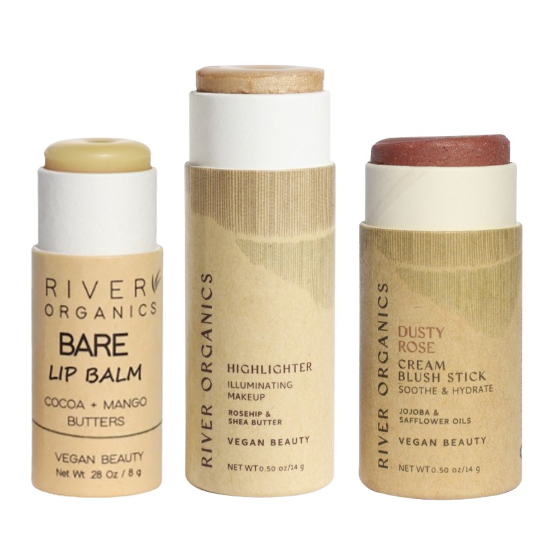 Three River Organics makeup products on a white background