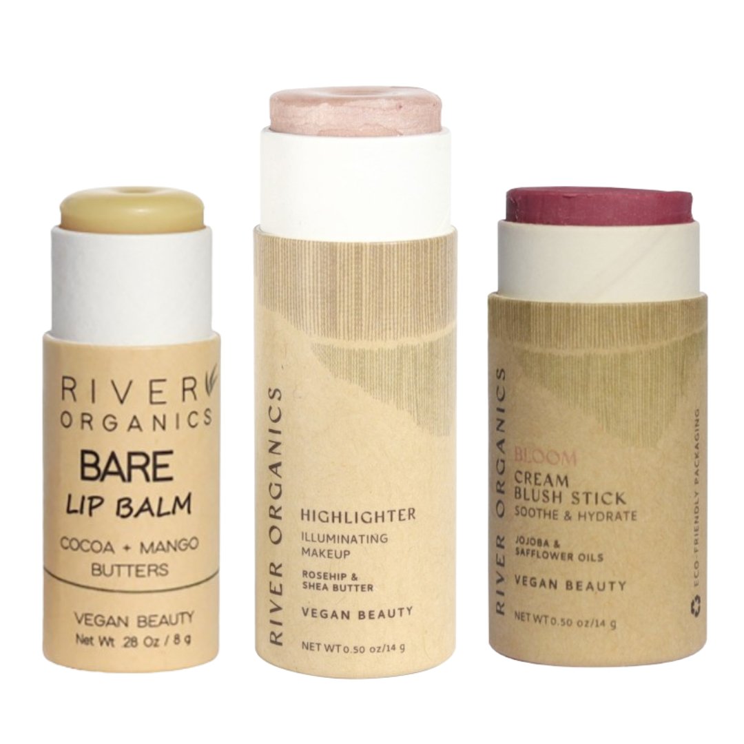Three River Organics makeup products on a white background