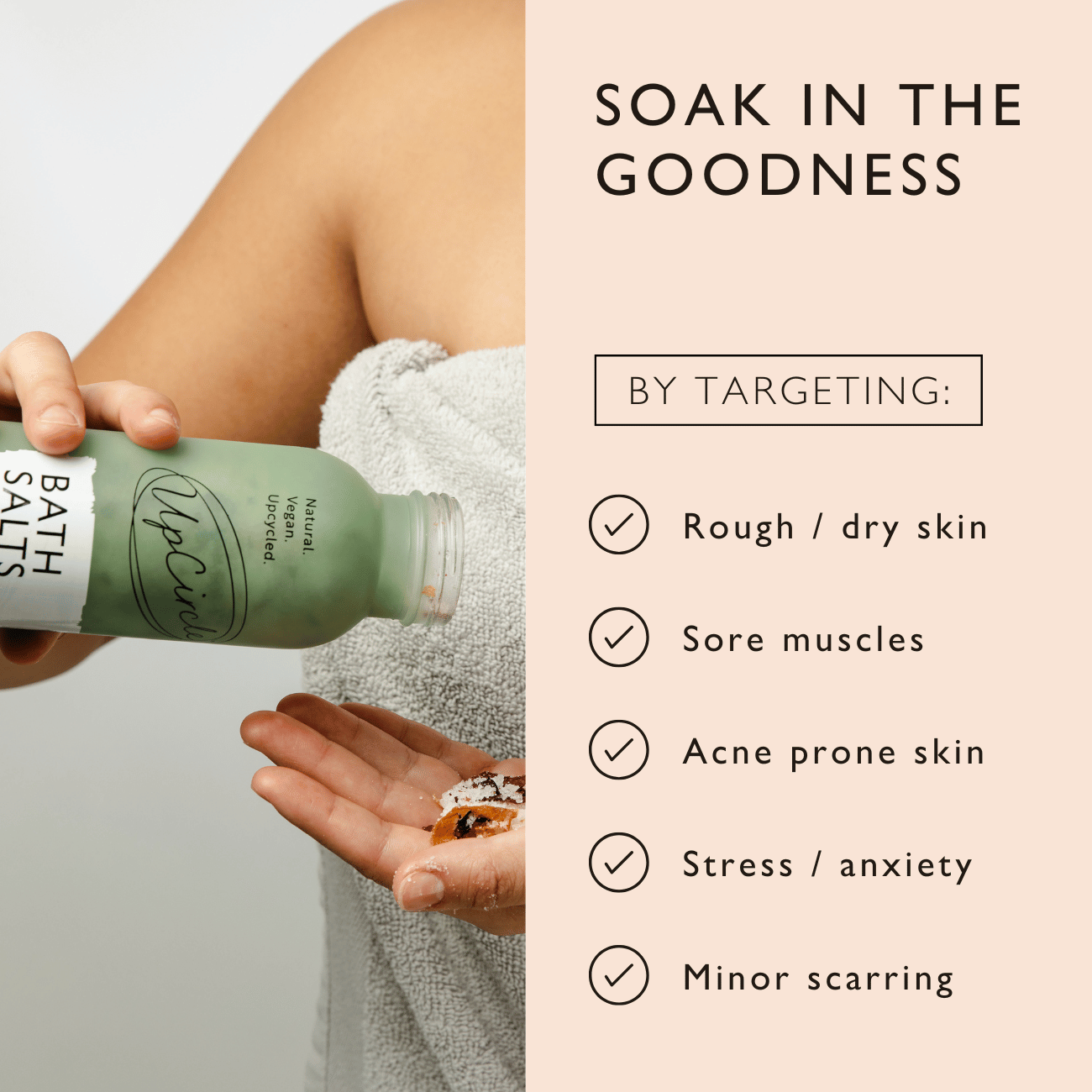 Person holding a bottle of bath salts with text highlighting benefits on a light background