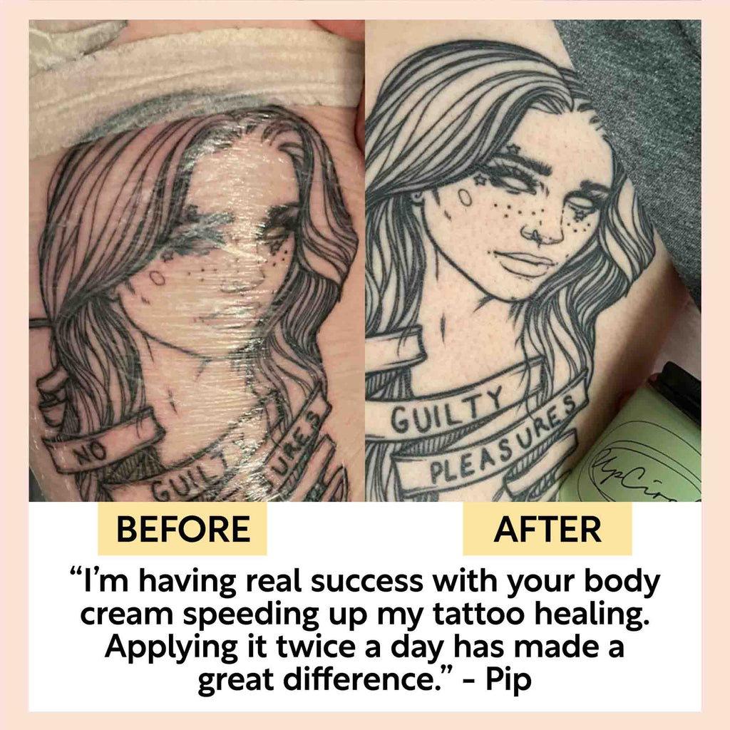Before and after comparison of a tattoo with text about body cream effects.