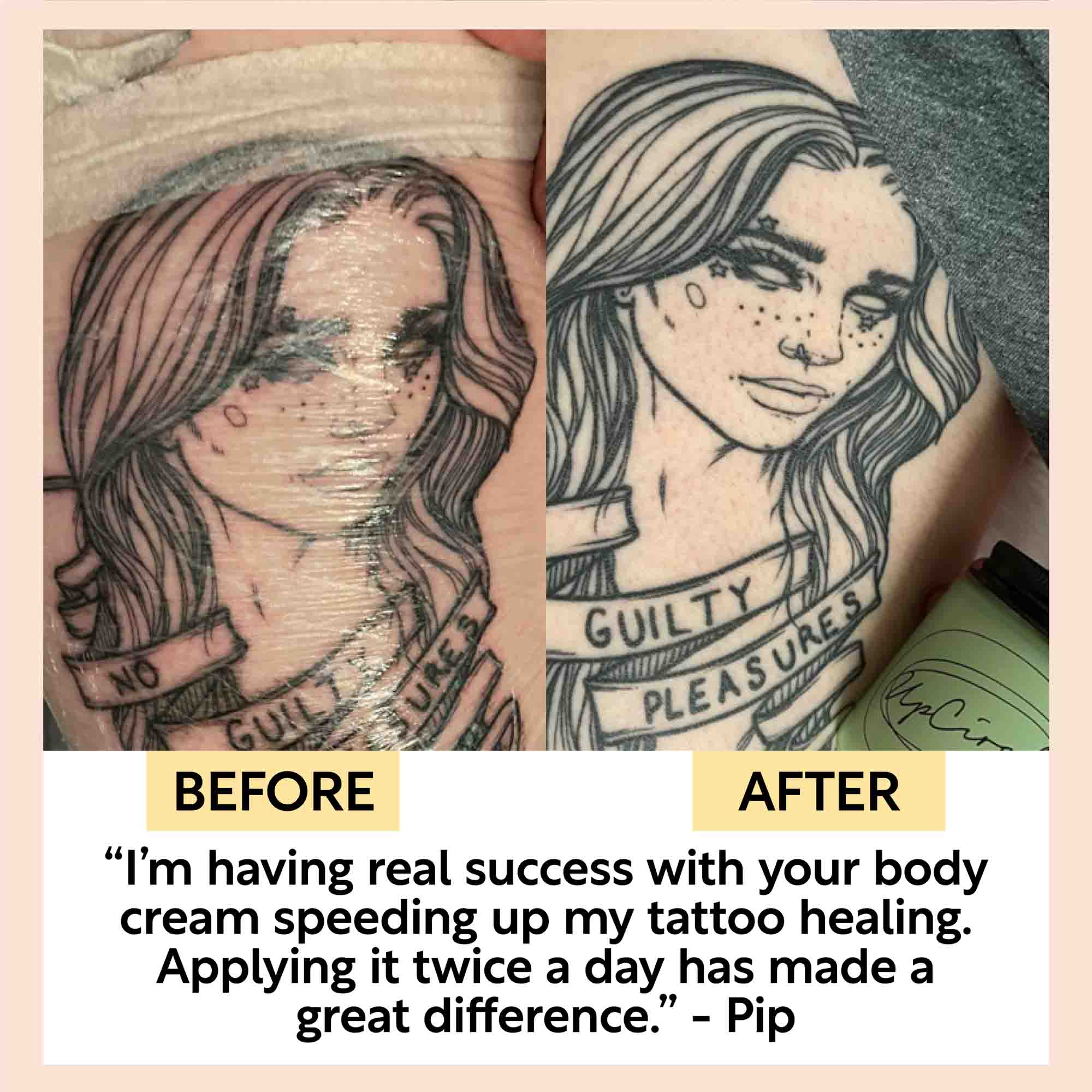 Before and after comparison of a tattoo with text about body cream effects.