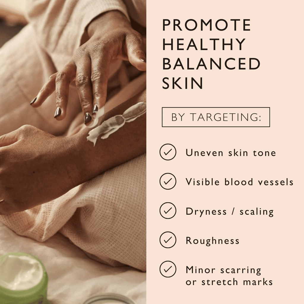 Person applying cream to their arm with text about promoting healthy skin.