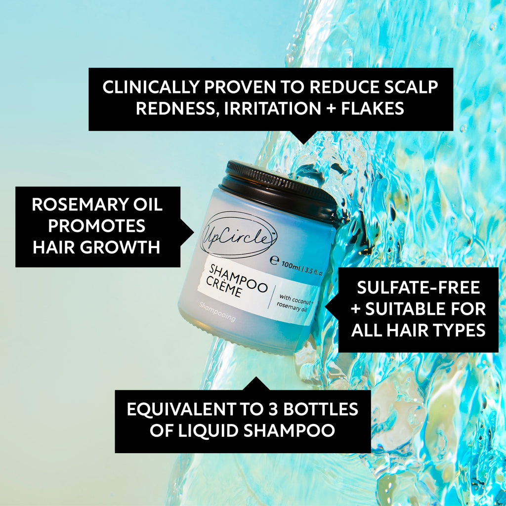 UpCircle shampoo crème bottle with water splash and text about benefits on a light blue background