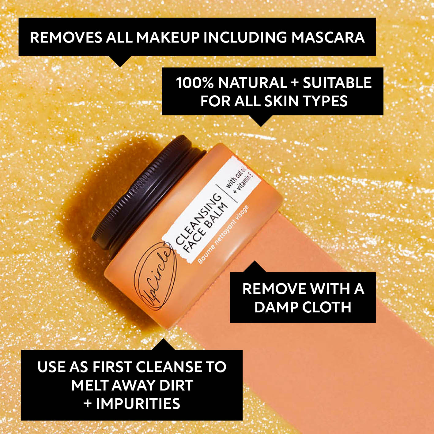 Cleansing face balm jar with text on a textured background