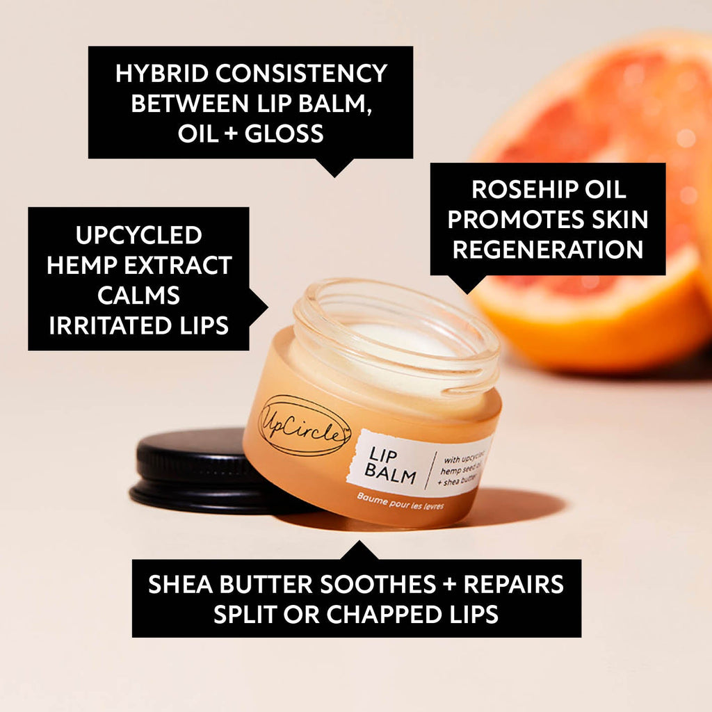 Lip balm jar with text highlighting its benefits on a beige background