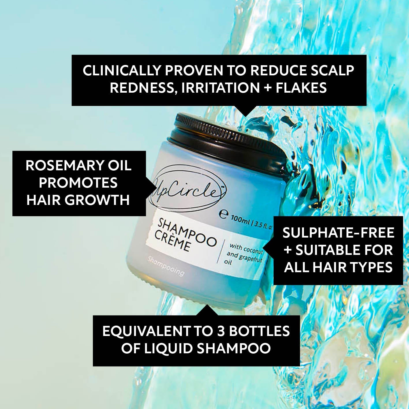 Shampoo crème jar with text highlighting benefits on a blue background