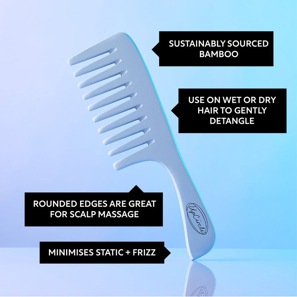 White comb with text on a blue background