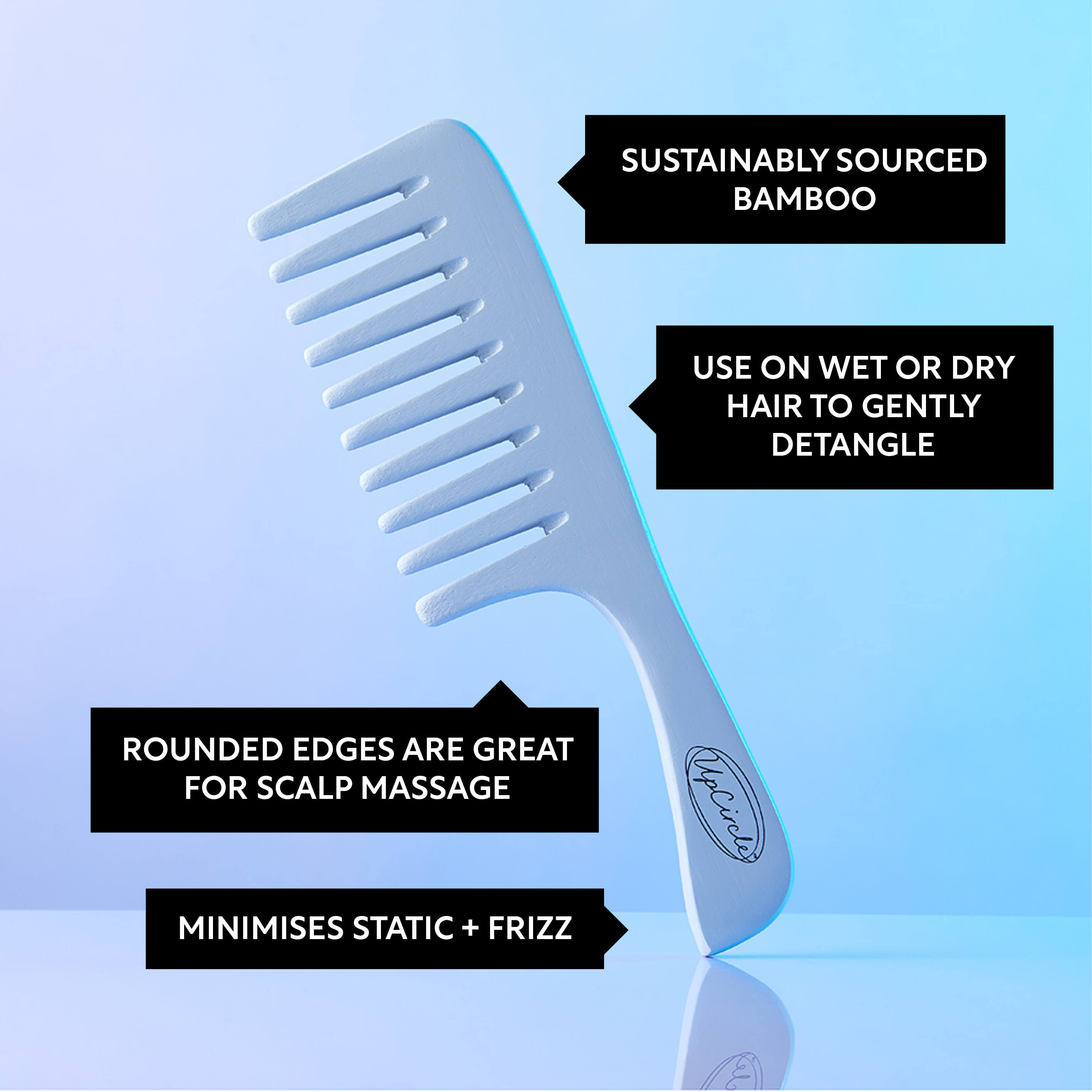 White comb with text on a blue background