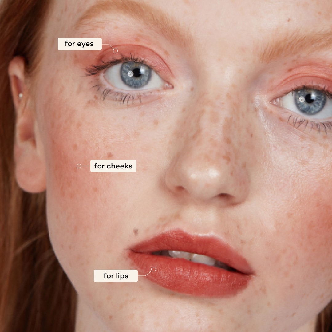 Close-up of a person's face wearing makeup with annotations for makeup application on eyes, cheeks, and lips.