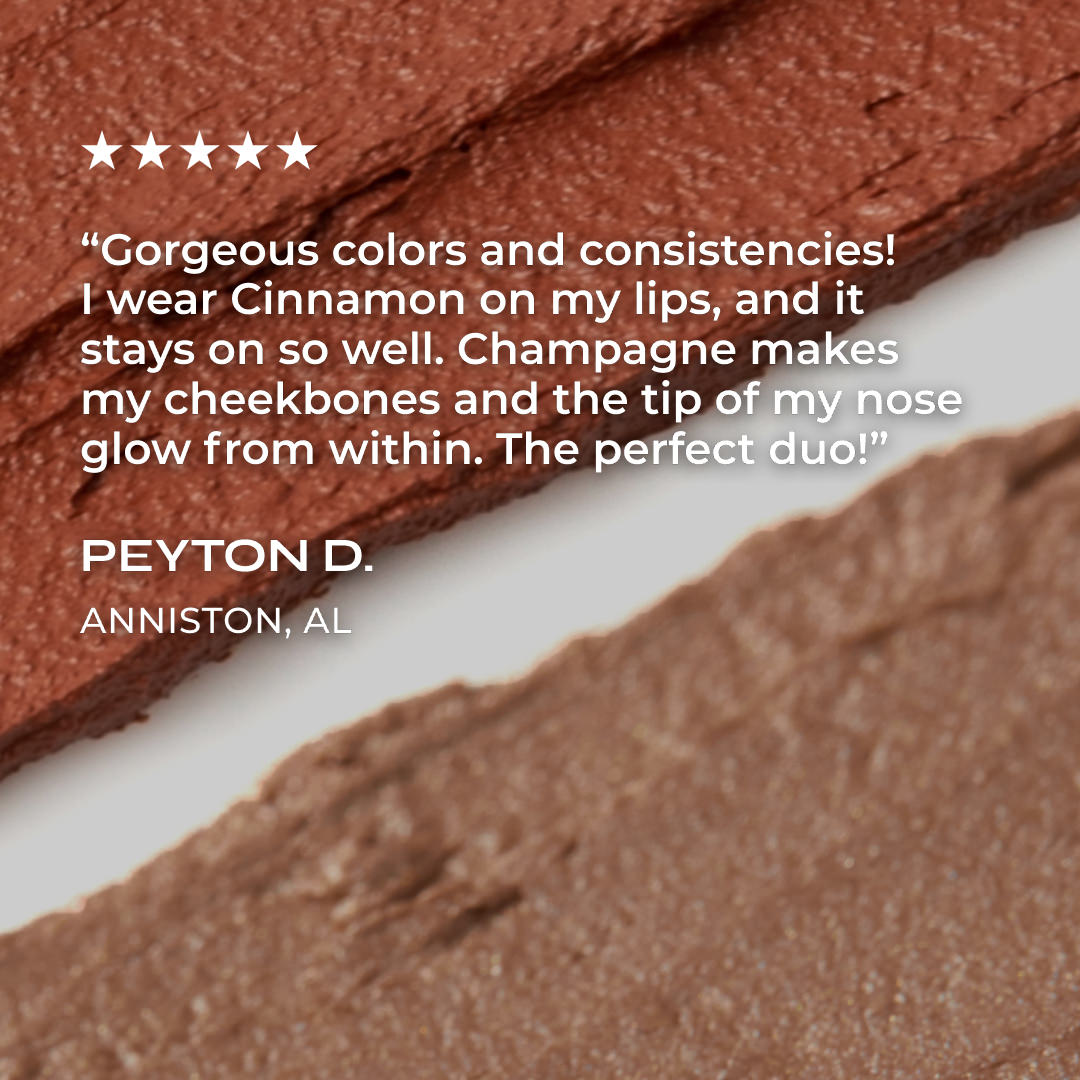 Close-up of brown makeup products with a customer review on a white background