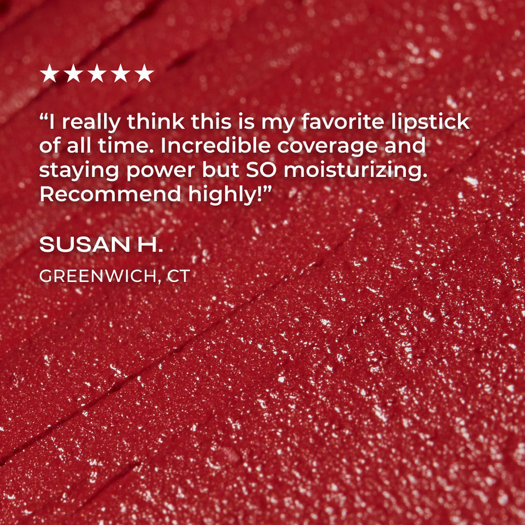 Red lipstick with a five-star rating and review text on a red background