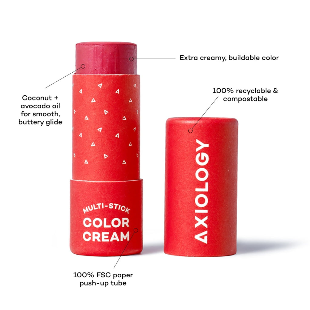 Red Axiology multi-stick color cream with text highlighting features on a white background