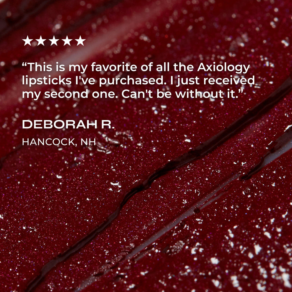 Red lipstick with a five-star rating and customer review on a red background