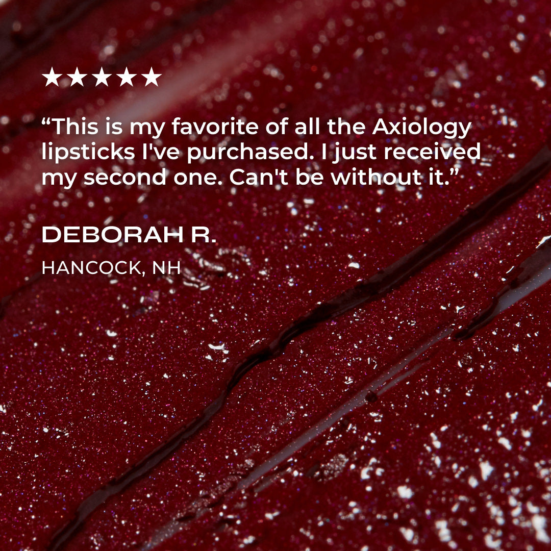 Red lipstick with a five-star rating and customer review on a red background