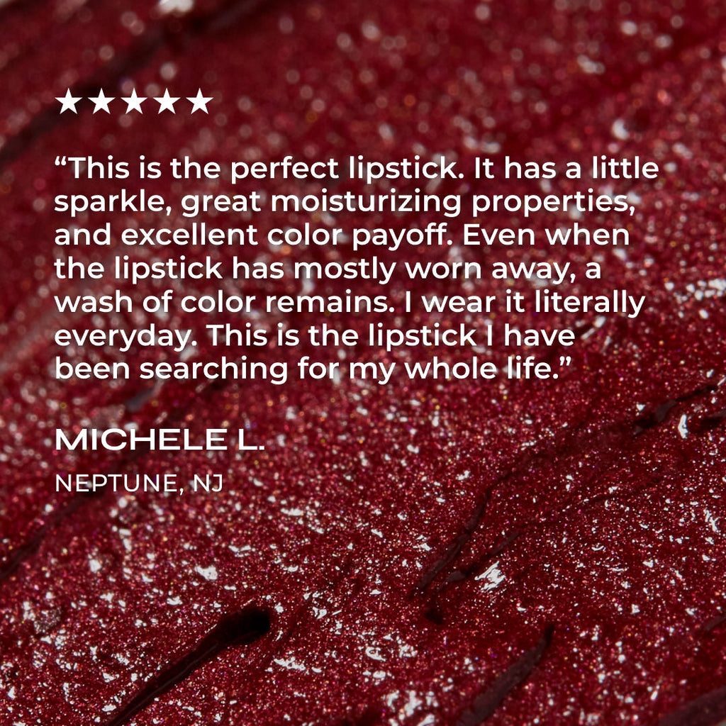 Red glittery lipstick with a five-star rating and review text on a red glittery background.