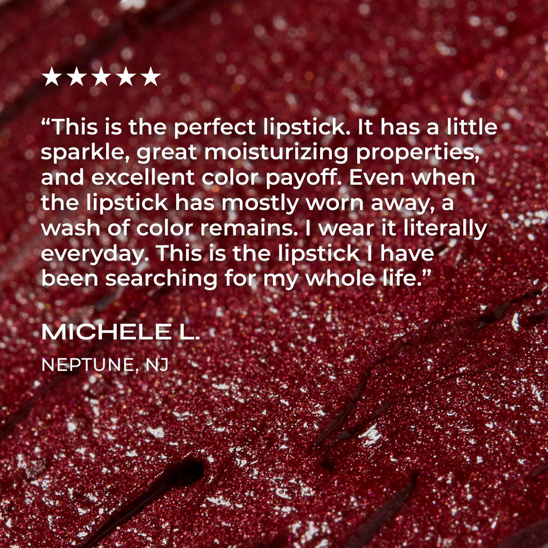Red glittery lipstick with a five-star rating and review text on a red glittery background.