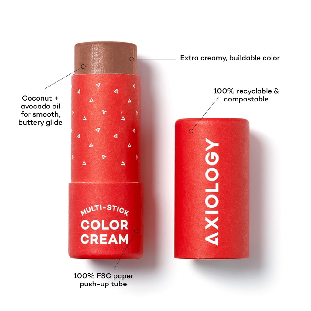 Red Axiology multi-stick color cream with text highlighting features on a white background