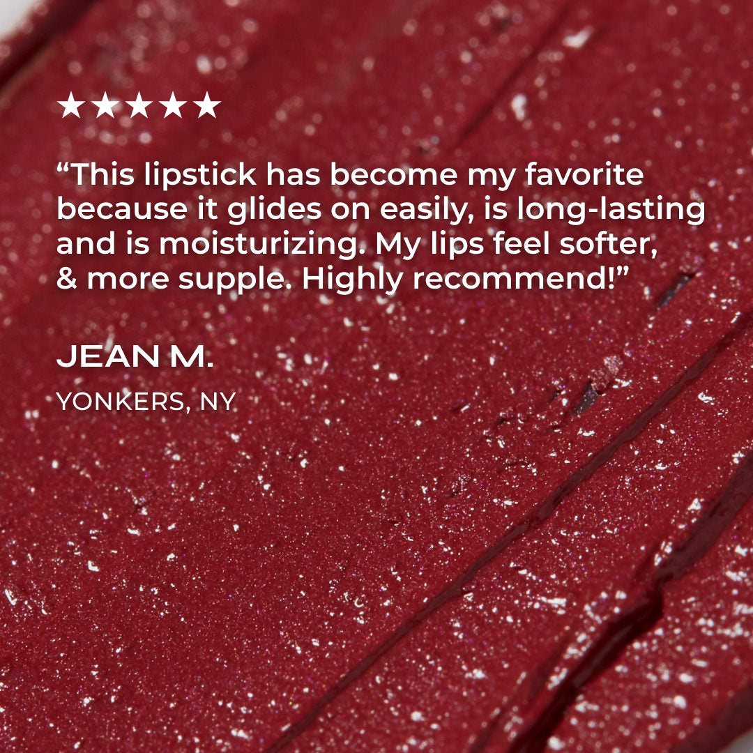 Red lipstick 'Joy' with a five-star rating and review text on a blurred red background