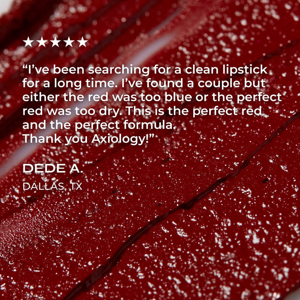 Red lipstick with a five-star rating and customer review on a red background