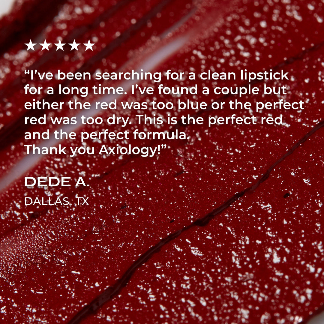 Red lipstick with a five-star rating and customer review on a red background