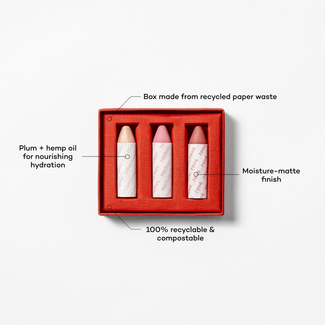 Three makeupcrayons in a red box with text highlighting features on a white background