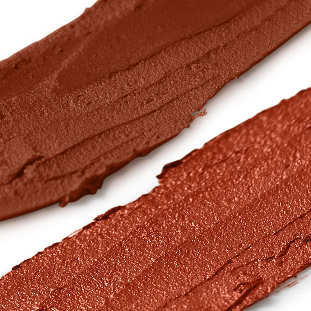 Close-up of two red-brown makeup swatches on a white background