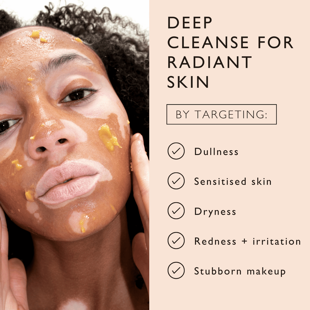 Woman applying cleansing balm with text on skin benefits and product features.