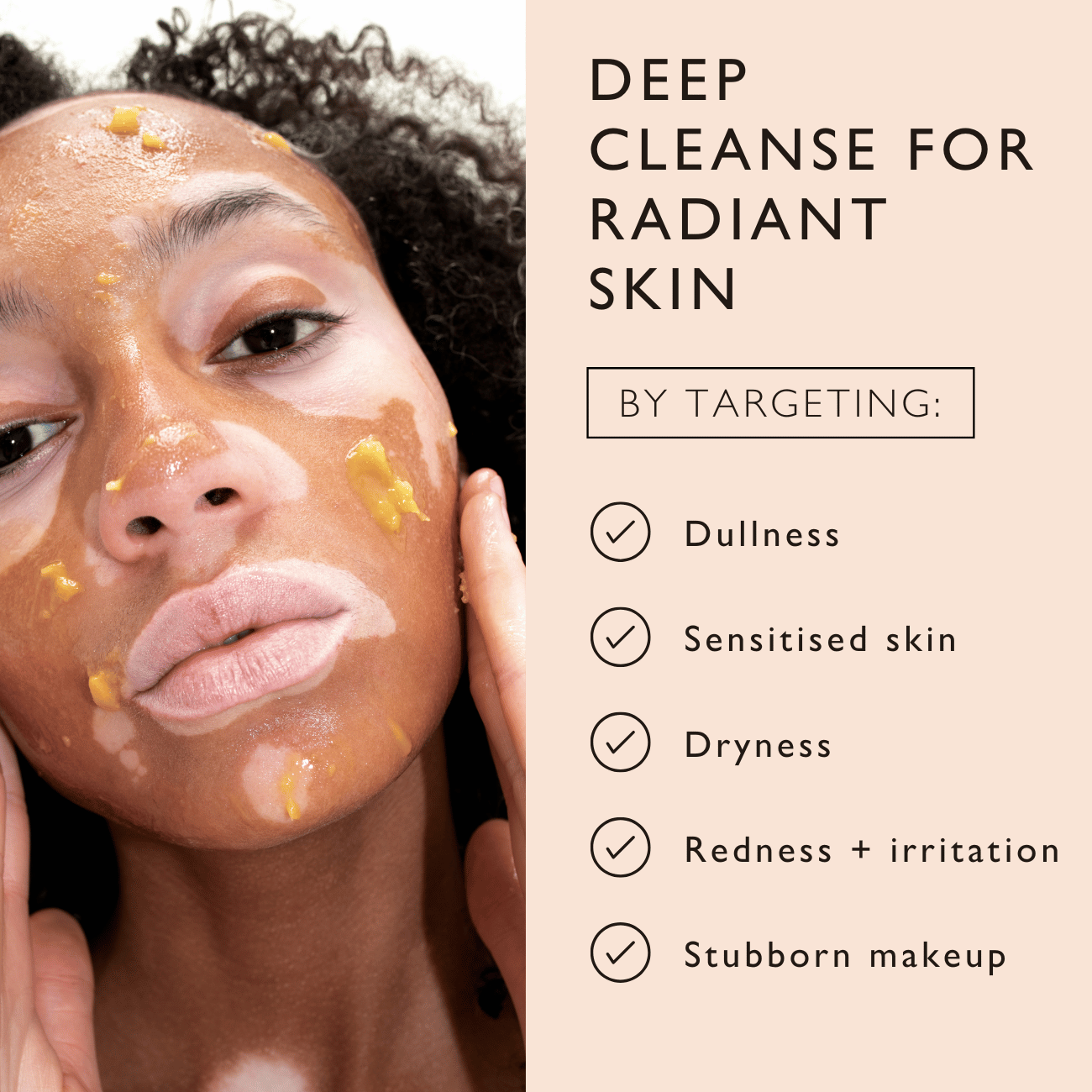 Woman applying cleansing balm with text on skin benefits and product features.