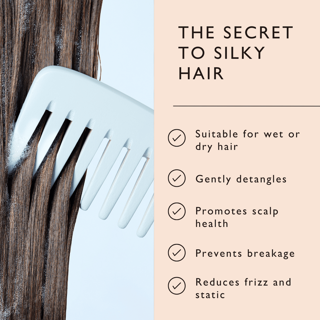 White comb detangling wet or dry hair with benefits listed on a pink background