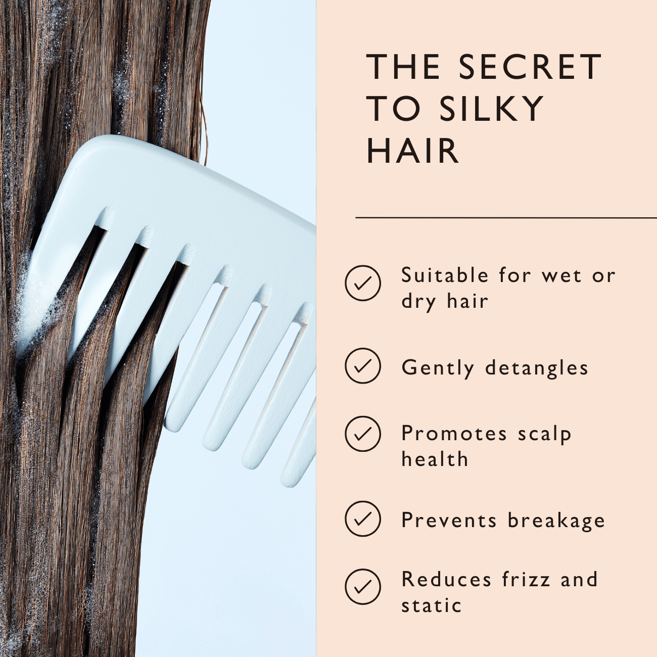 White comb detangling wet or dry hair with benefits listed on a pink background