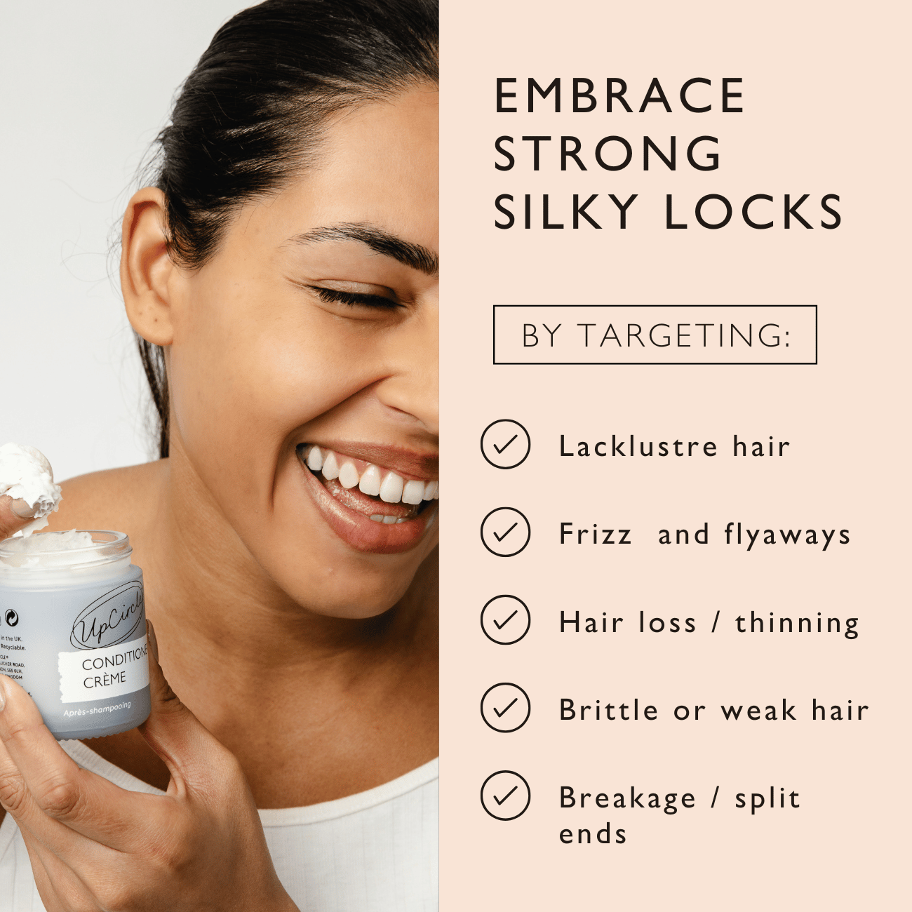 Woman applying hair cream with text about hair care benefits on a beige background