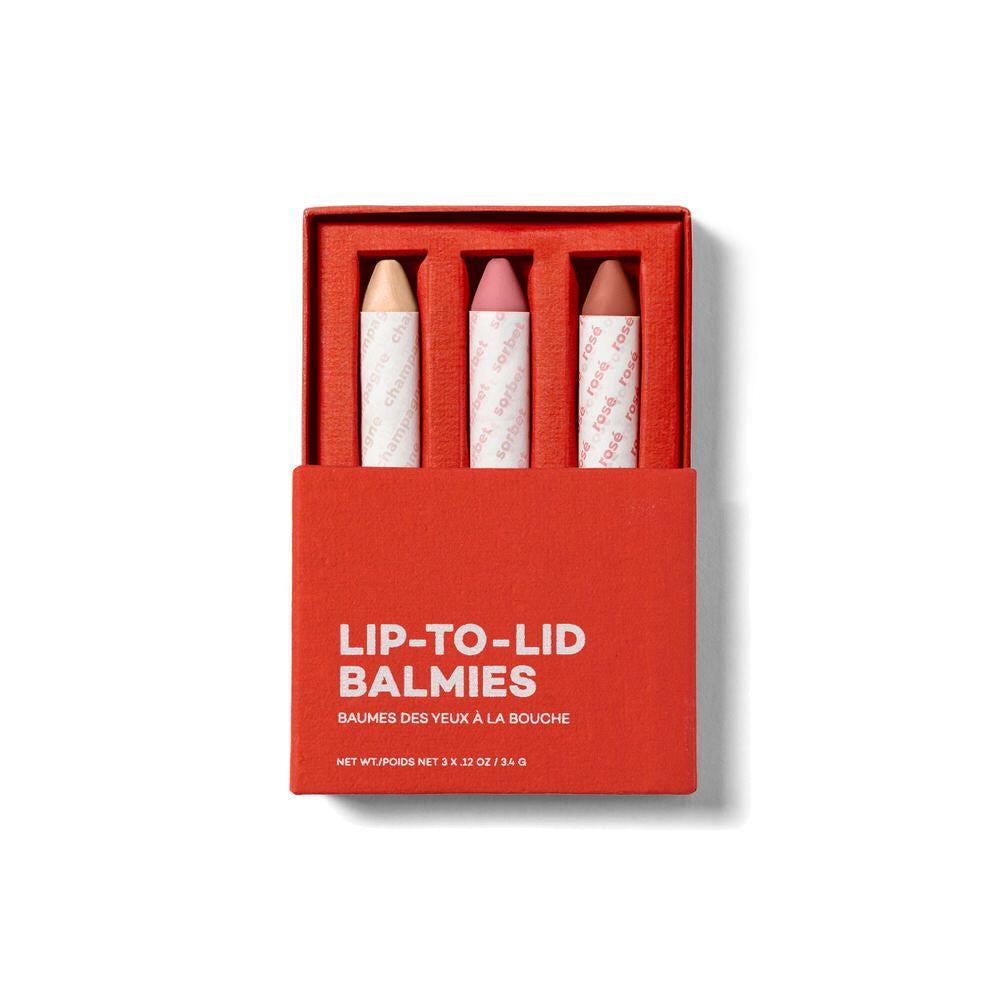 Set of lip balm sticks in a red box with 'Lip-To-Lid Balmies' text on a white background