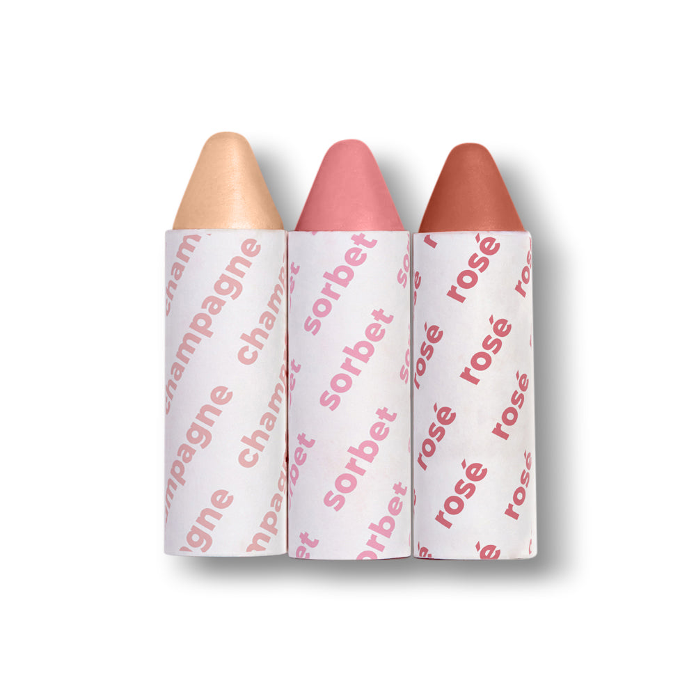 Three lipsticks labeled 'champagne', 'sorbet', 'rosé' branding on a white background