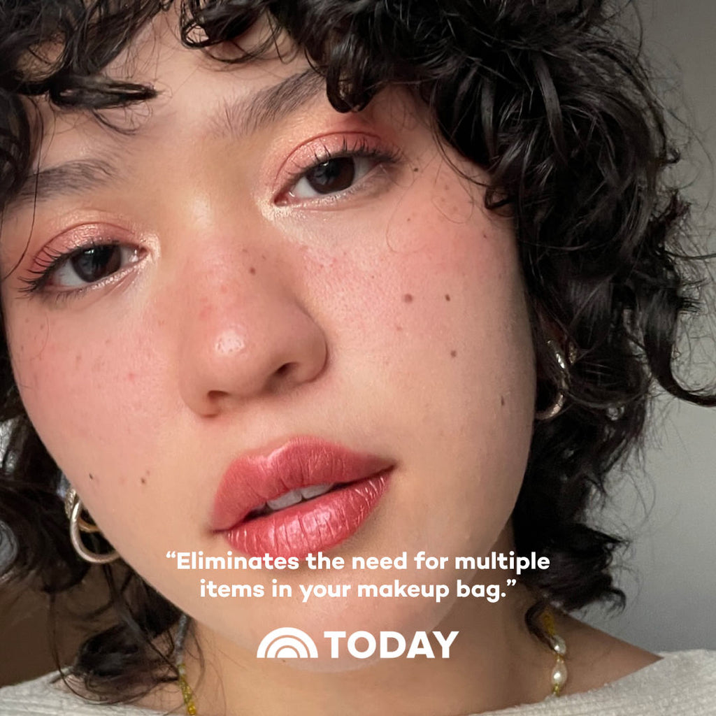 Close-up of a person with makeup, featuring text about eliminating the need for multiple items in a makeup bag, with 'TODAY' branding.