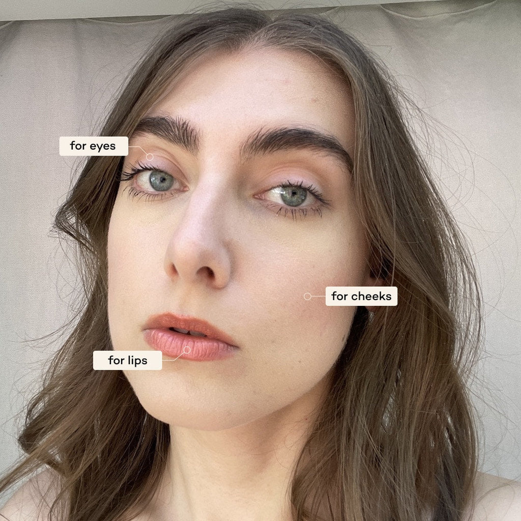 Close-up of a person with makeup labeled for eyes, cheeks, and lips.