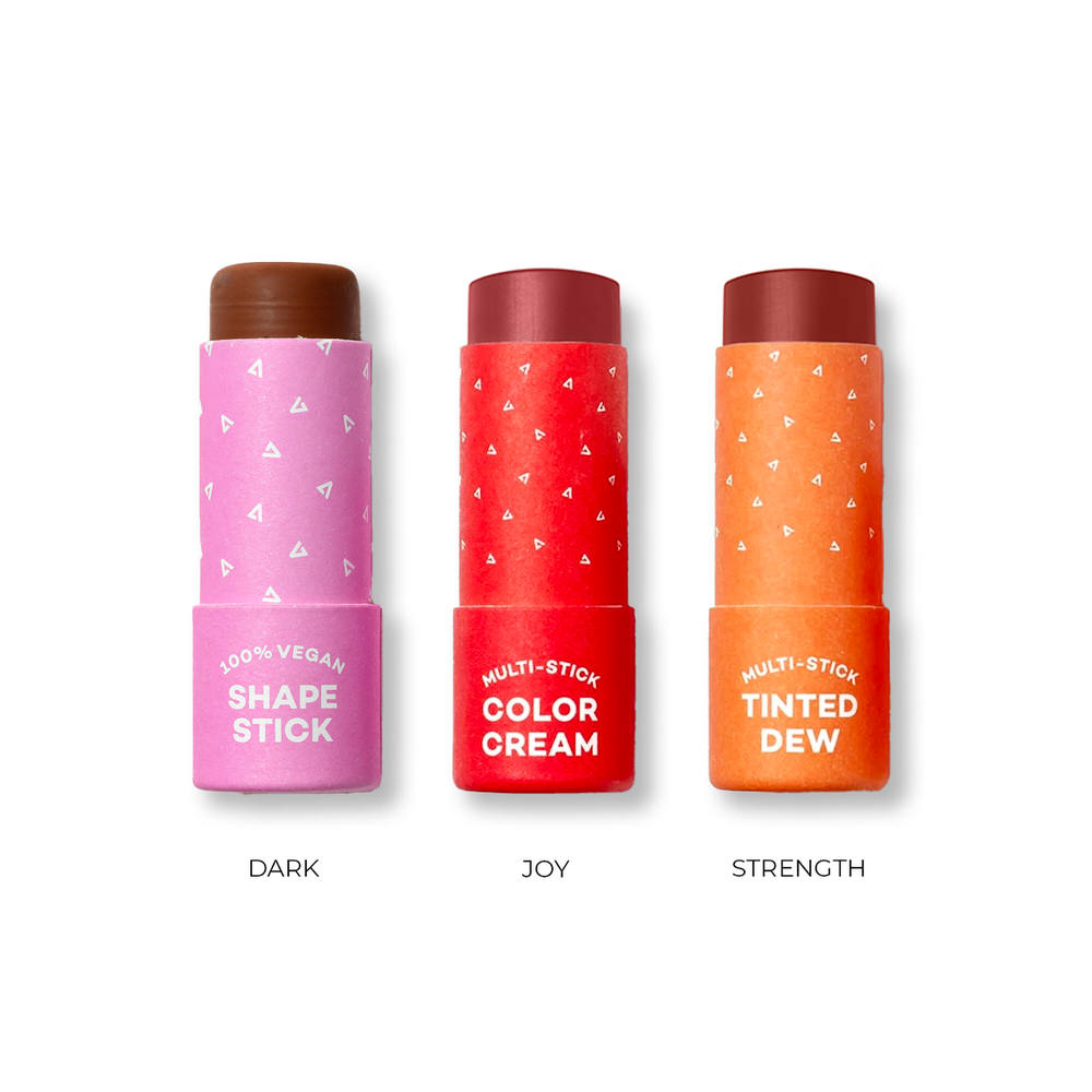 Three cosmetic sticks with different colors and names on a white background