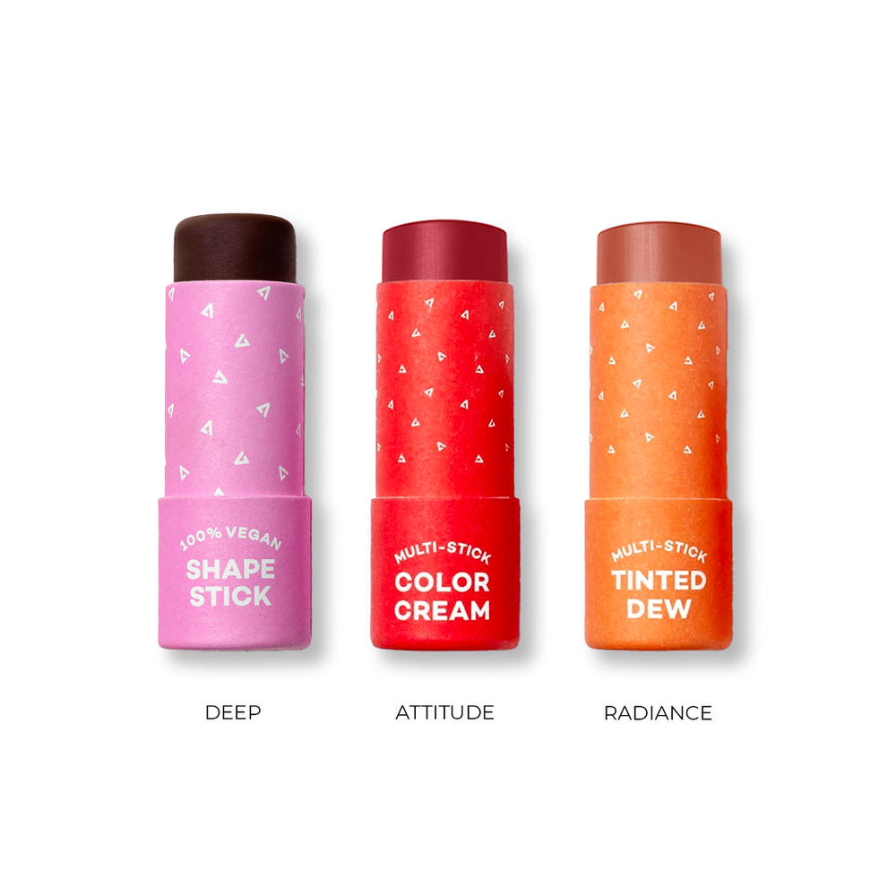 Three multistick products labeled 'Shape Stick', 'Color Cream', and 'Tinted Dew' on a white background.