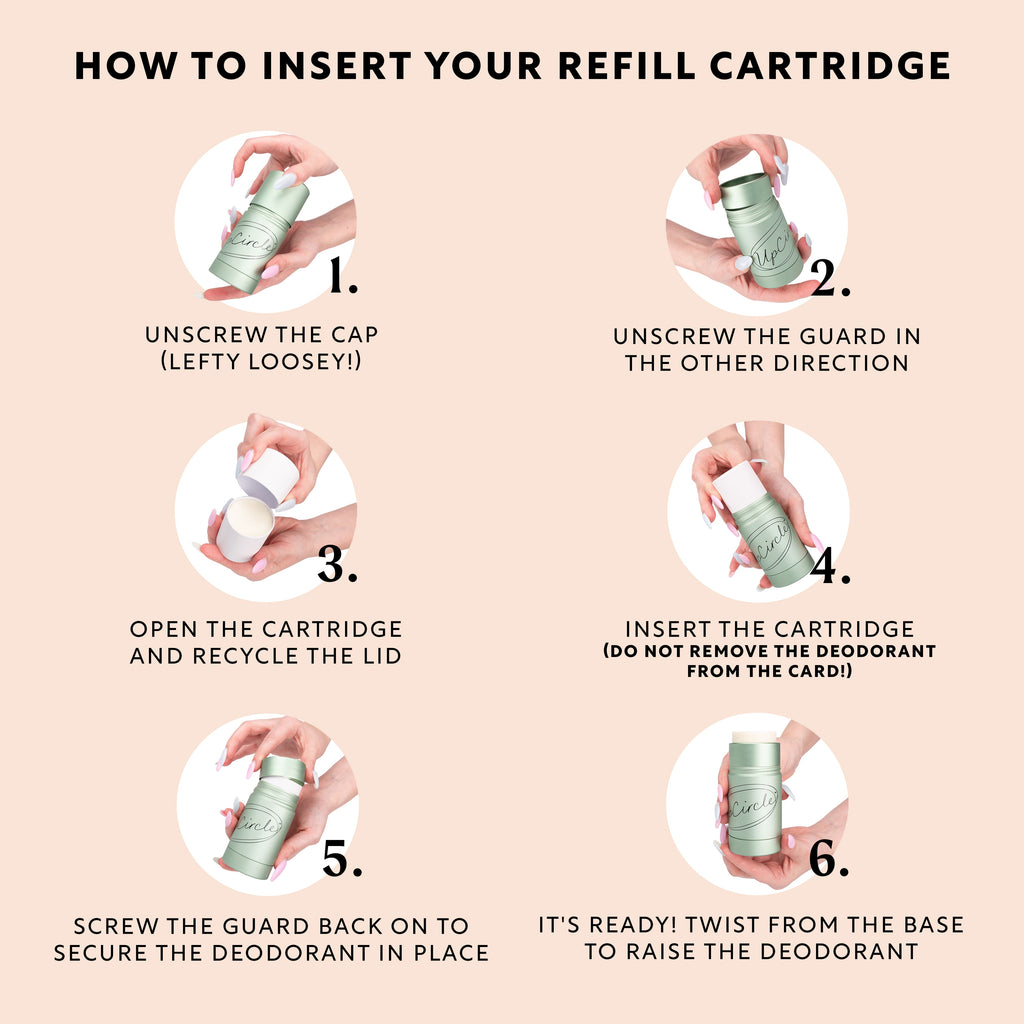 Step-by-step guide on how to insert a deodorant refill cartridge with images and text.