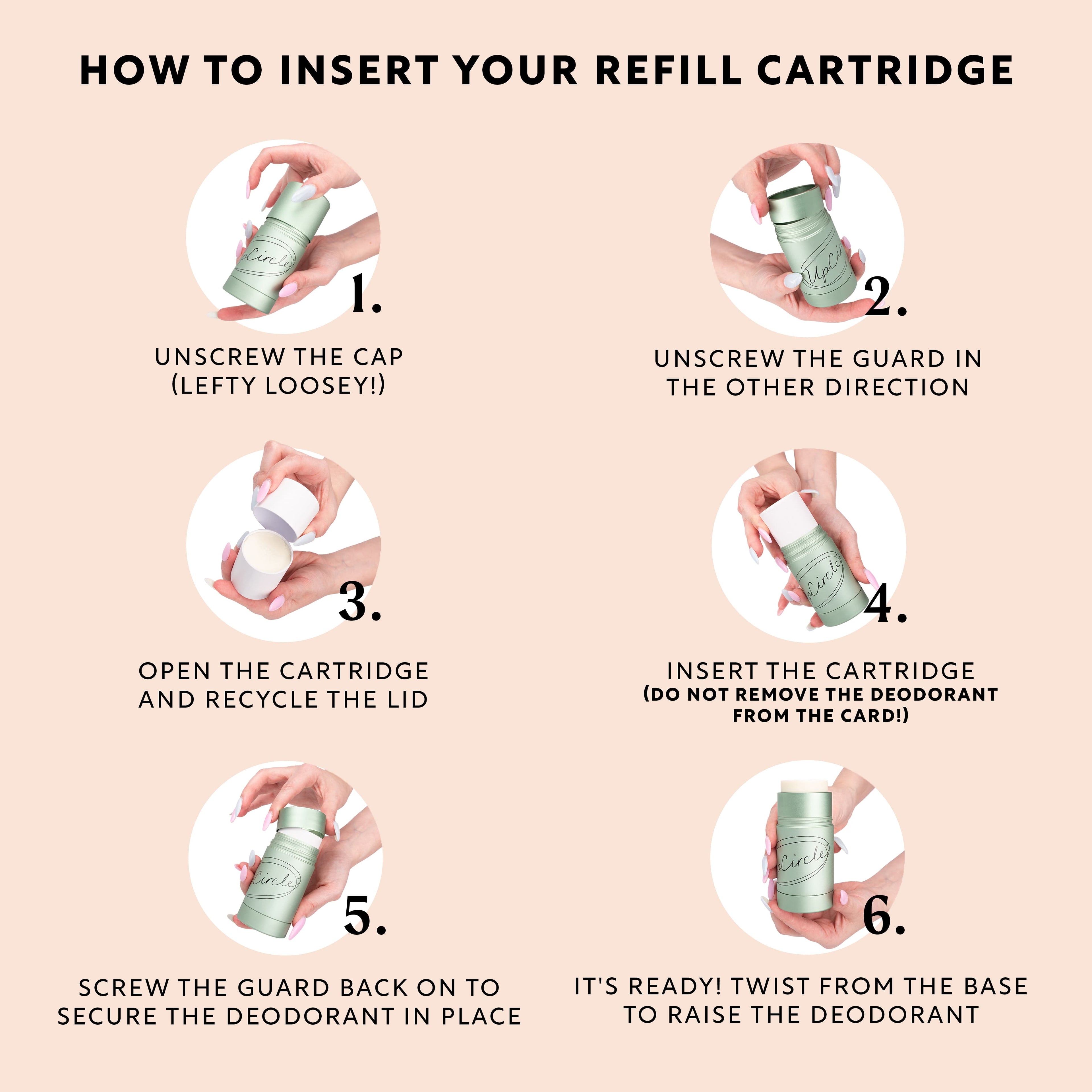 Step-by-step guide on how to insert a deodorant refill cartridge with images and text.