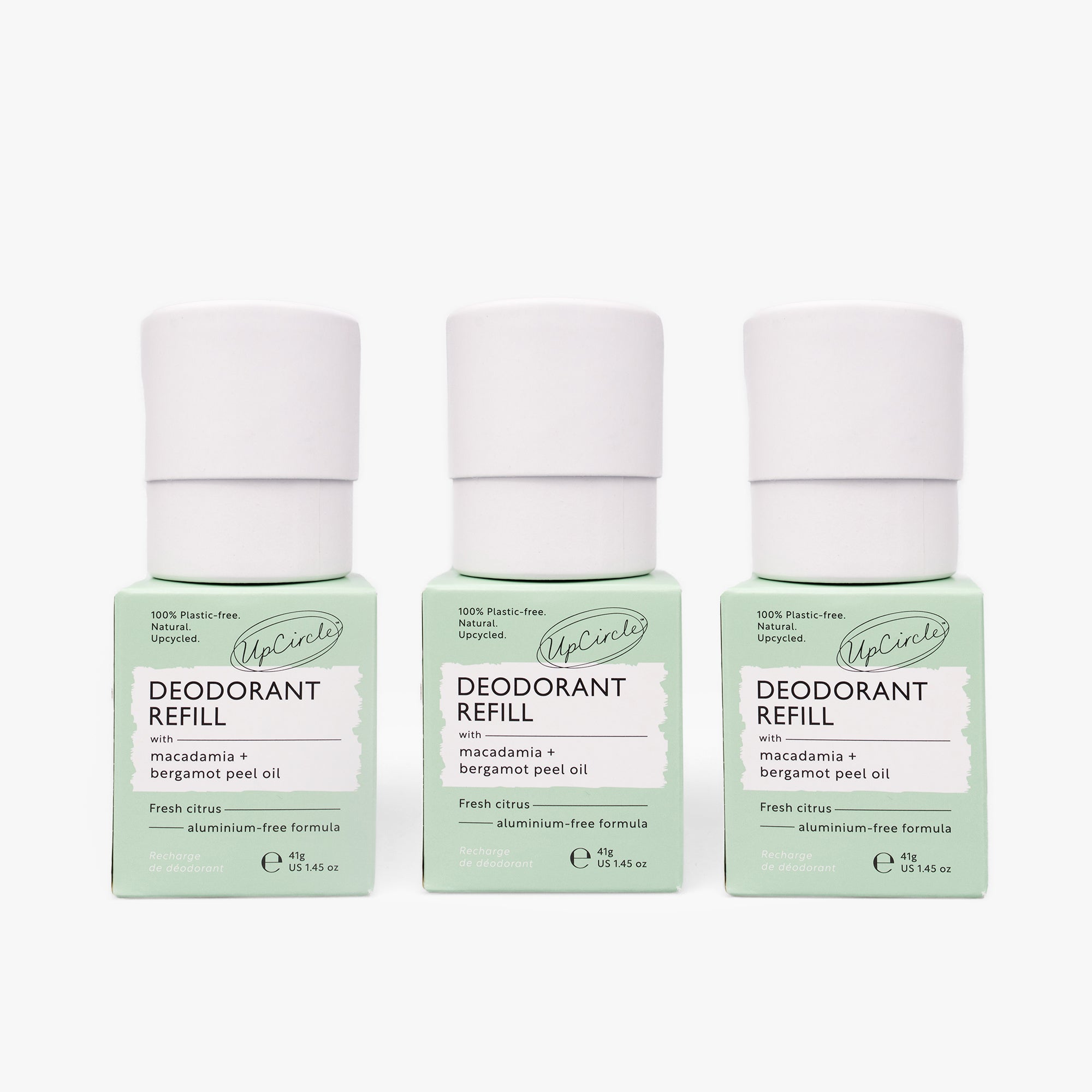Three deodorant refills with green boxes on a white background