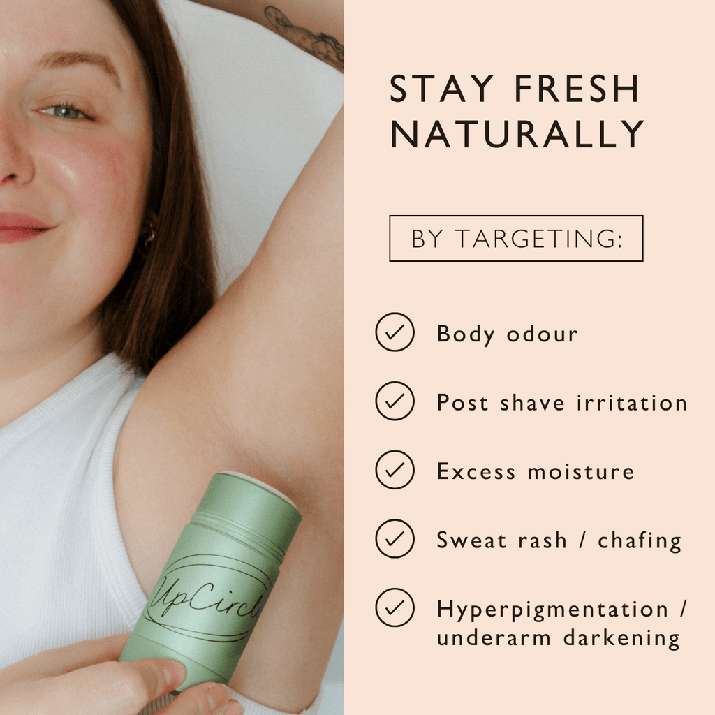 Person holding a green deodorant tube with text on a light pink background