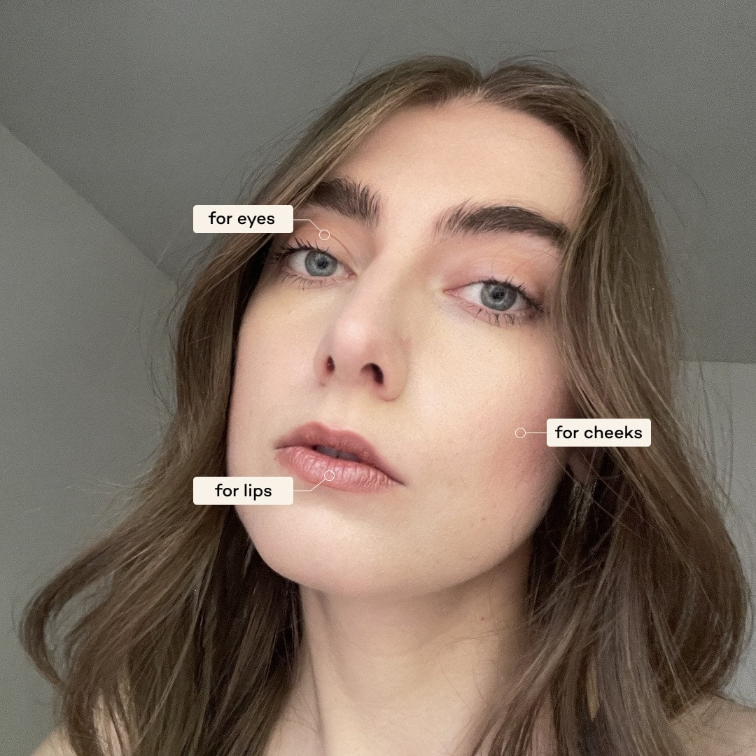 Woman with labeled makeup application points on her face