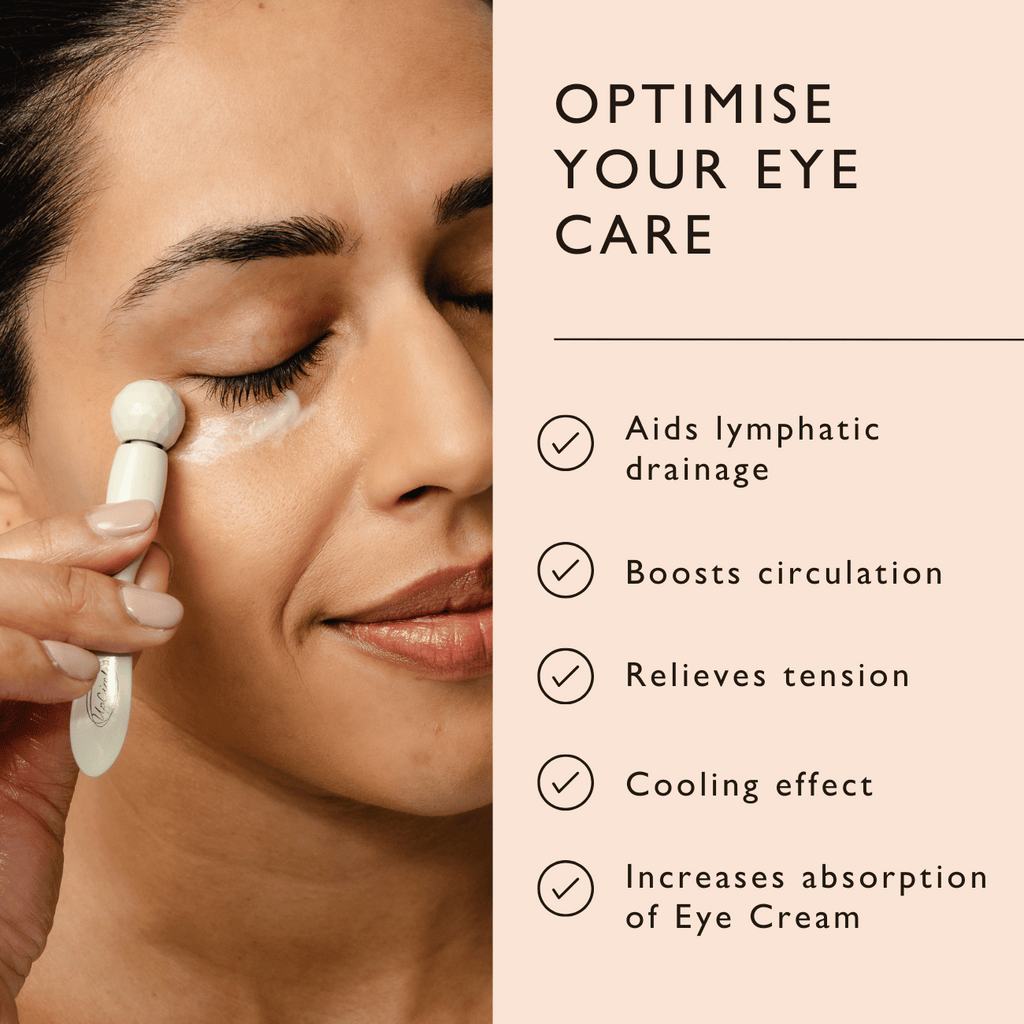 Woman using a skincare tool on her face with text about eye care benefits.