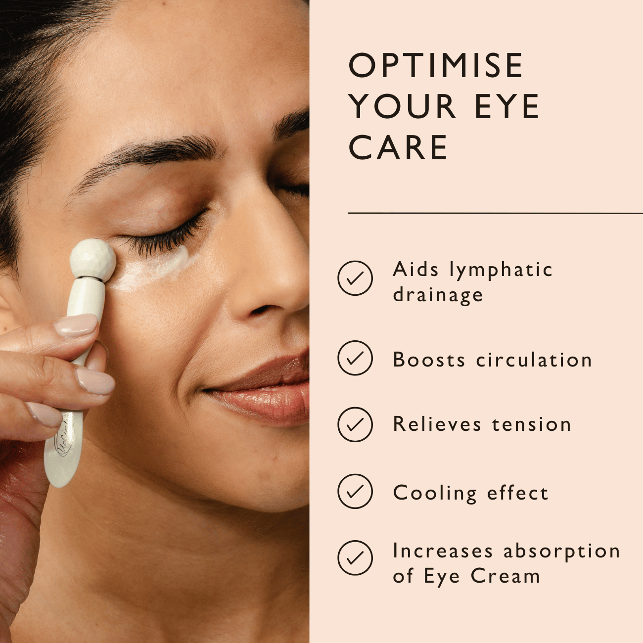 Woman using a skincare tool on her face with text about eye care benefits.