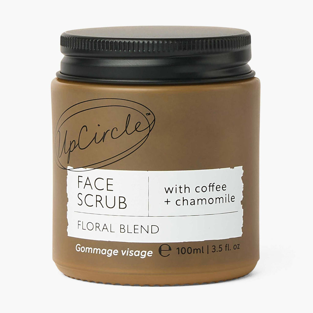 Jar of UpCircle face scrub with coffee and chamomile on a white background