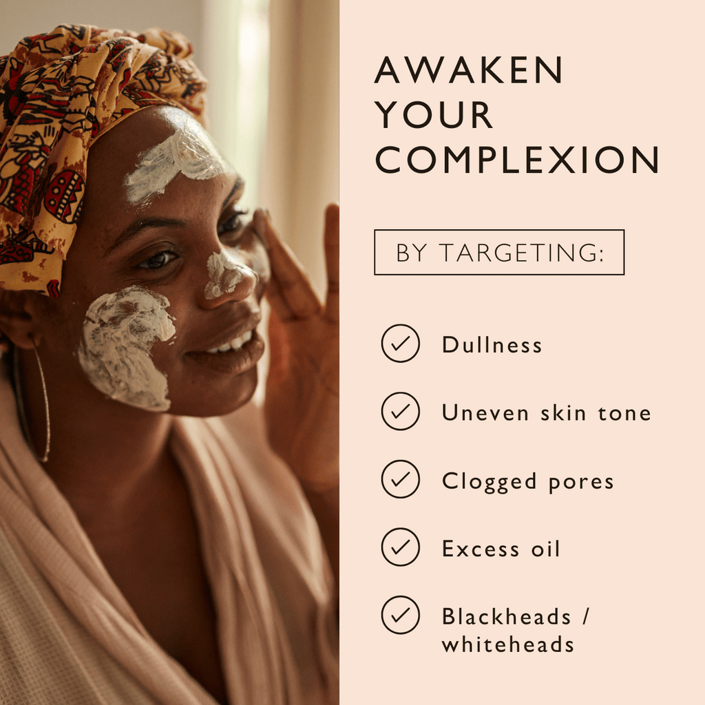 Woman applying facial mask with text about skin concerns and solutions.