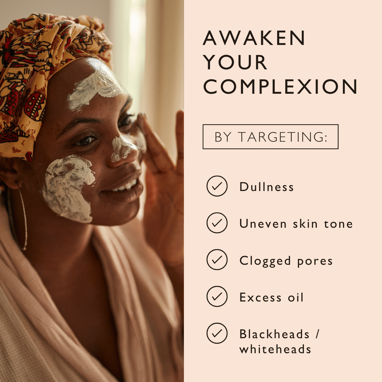 Woman applying facial mask with text about skin concerns and solutions.