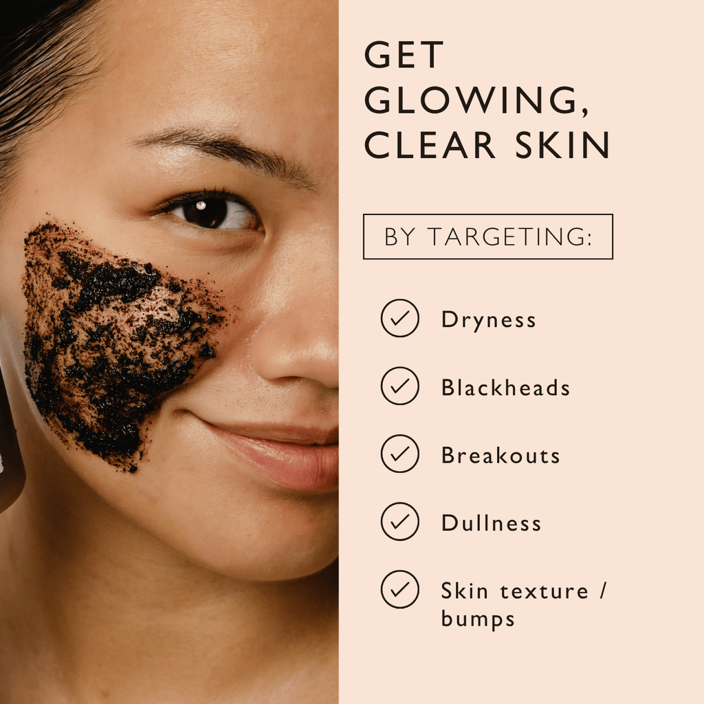 Woman with a facial scrub product on her face, with text about clear skin benefits.