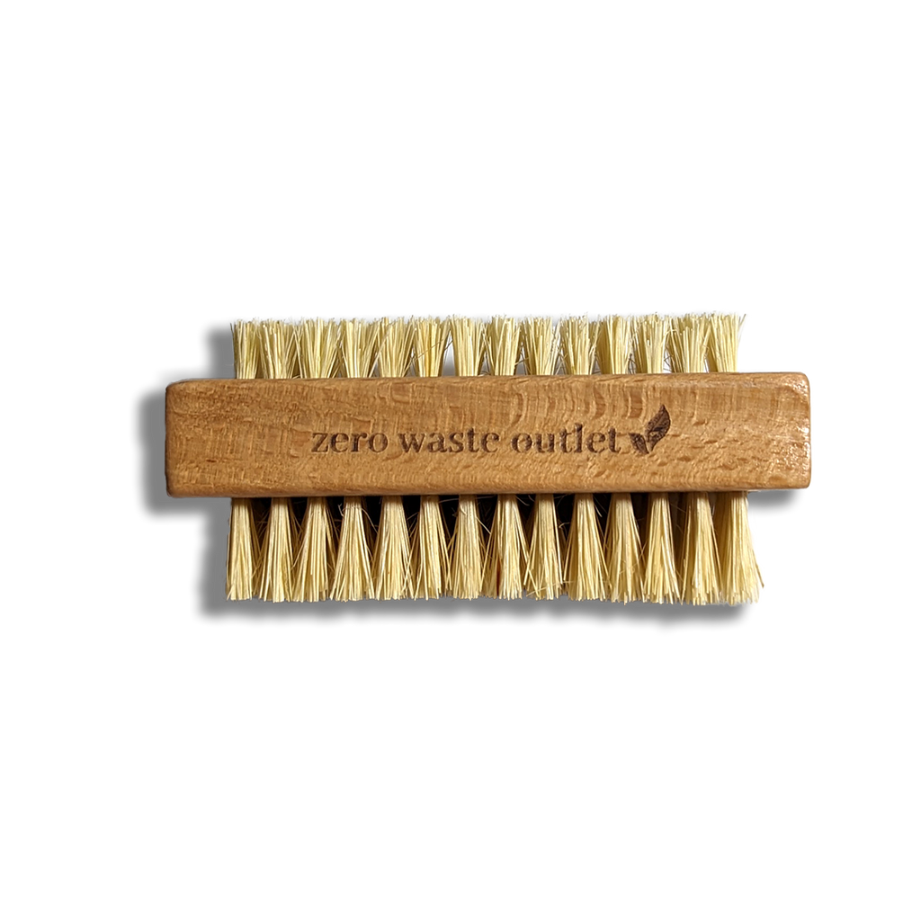 Bamboo nail brush with natural bristles and 'zero waste outlet' branding on a transparent background